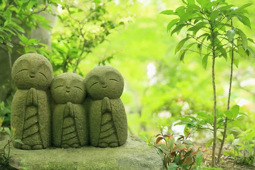 природа, кусты, деревья, японские статуэтки, камни, тотем, зелёные, серые